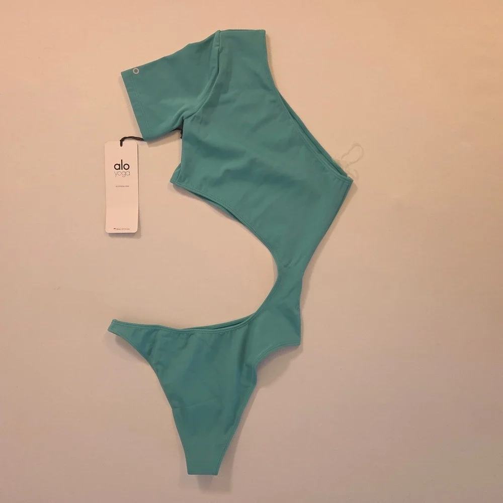 ALO Yoga Body Wave‎ One Piece Swimsuit Ocean Teal Asymmetrical Cutout XS W8113R